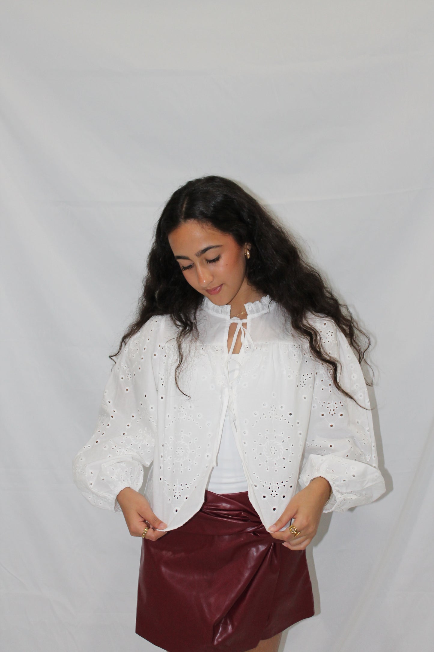 COTTON EYELET LONG SLEEVES TIE FRONT BLOUSE TOP