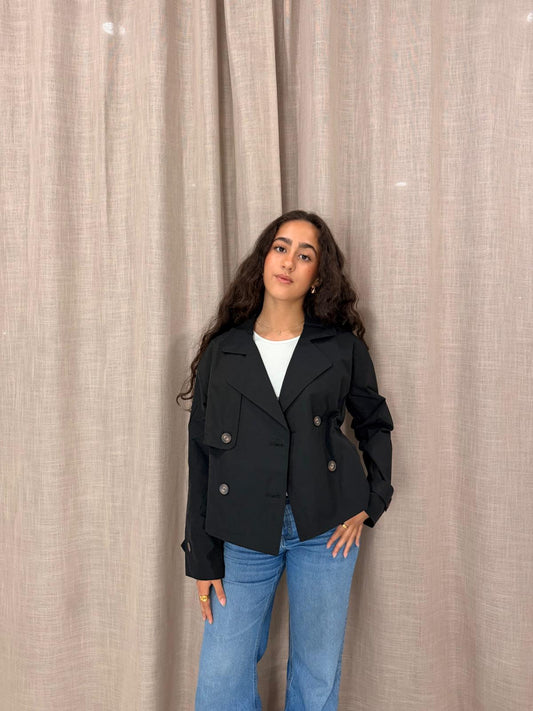 LONG SLEEVE SHORT BLACK TRENCH JACKET