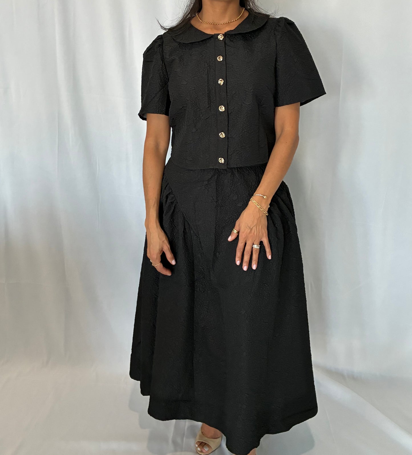 Texture Peter Pan Collar Top And Maxi Skirt Set
