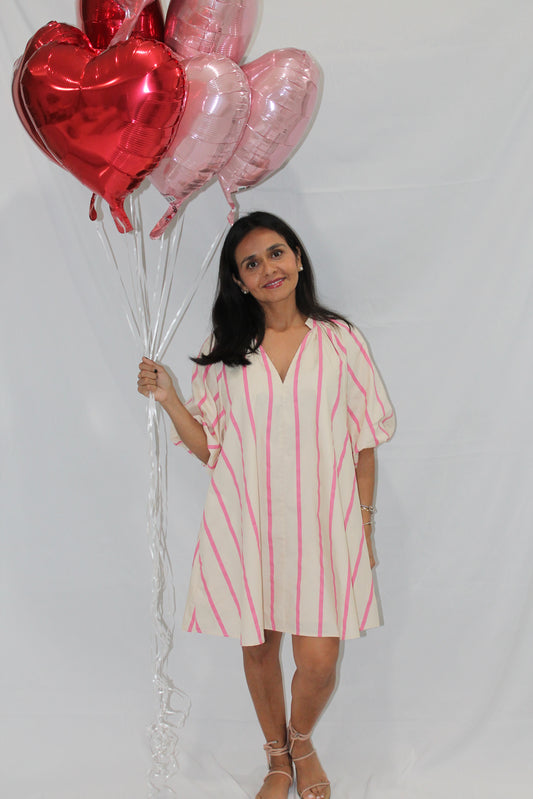 Puff Sleeve Pink Stripped Dress