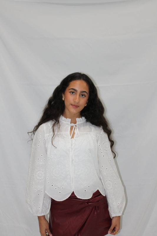 COTTON EYELET LONG SLEEVES TIE FRONT BLOUSE TOP