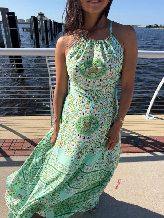 Green Back Cross Strap Maxi Dress