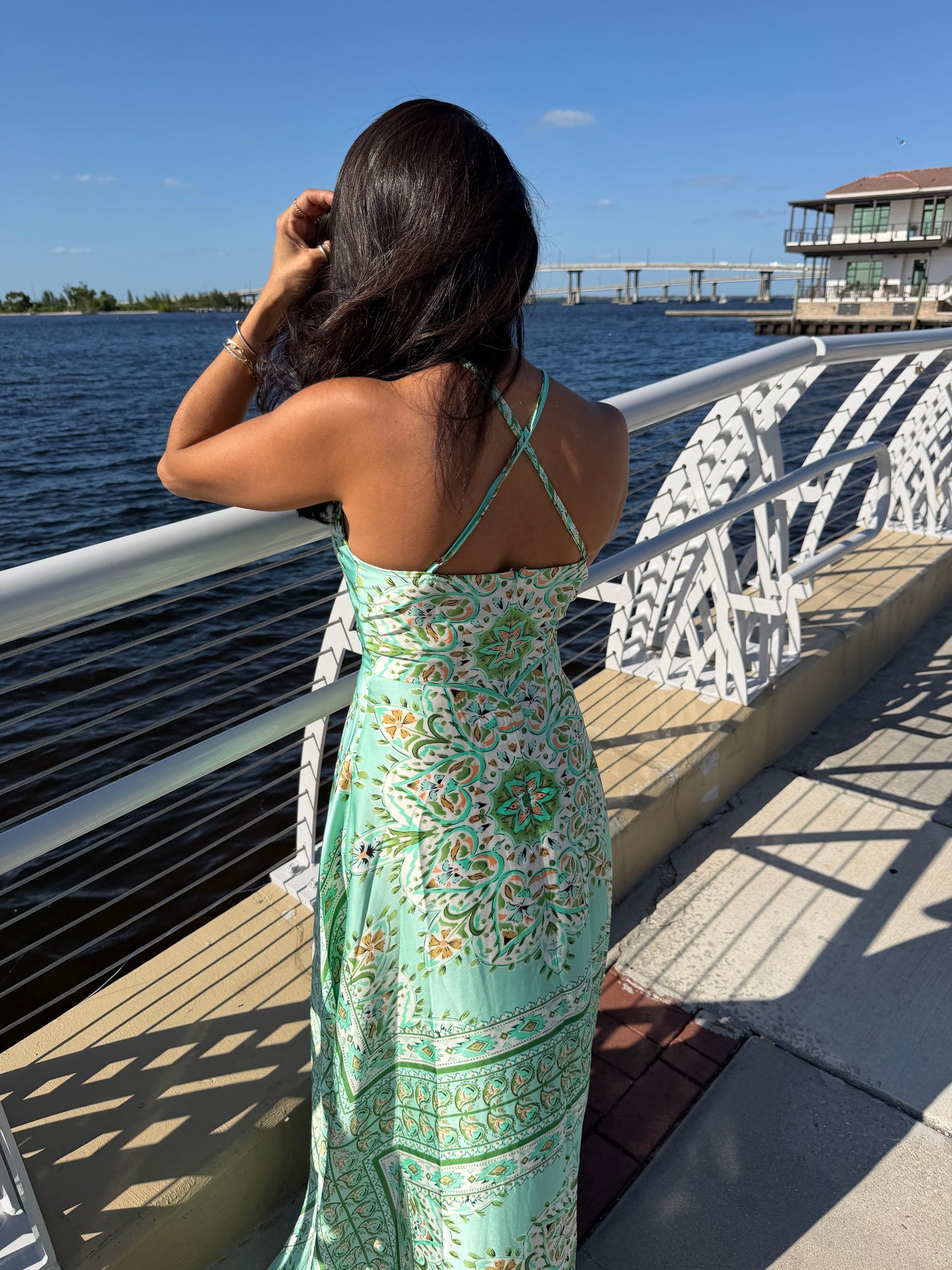 Green Back Cross Strap Maxi Dress