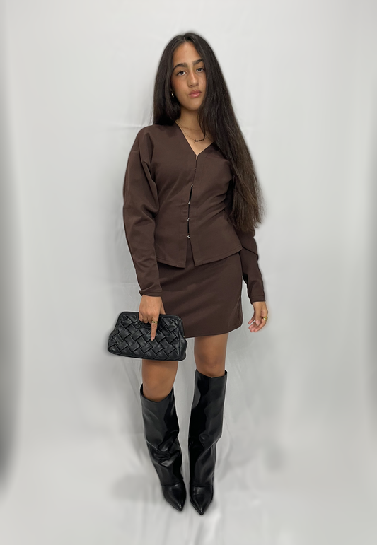 Brown V-Neck Skirt Set
